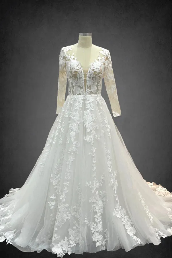 See Through Long Sleeve Wedding Dress With Lace Appliques WW264