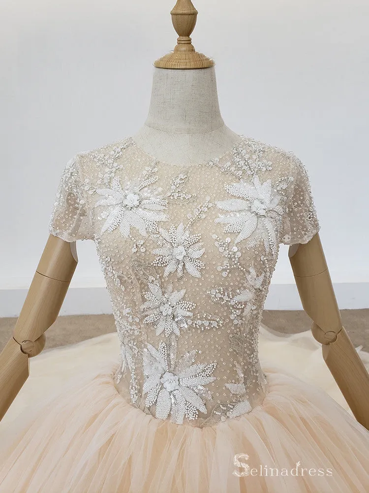 Selinadress Scoop Dream luxury Champagne Wedding Dress Short Sleeve Wedding Gowns SDW010
