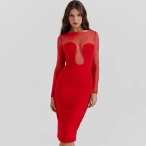 Sexy Sheer Plunge Mesh Long Sleeve Fitted Midi Cocktail Dress - Red