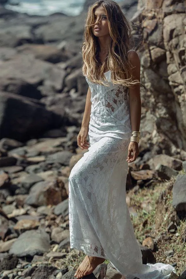 Sheath White Lace Beach Wedding Dress Spaghetti Straps Bridal dress