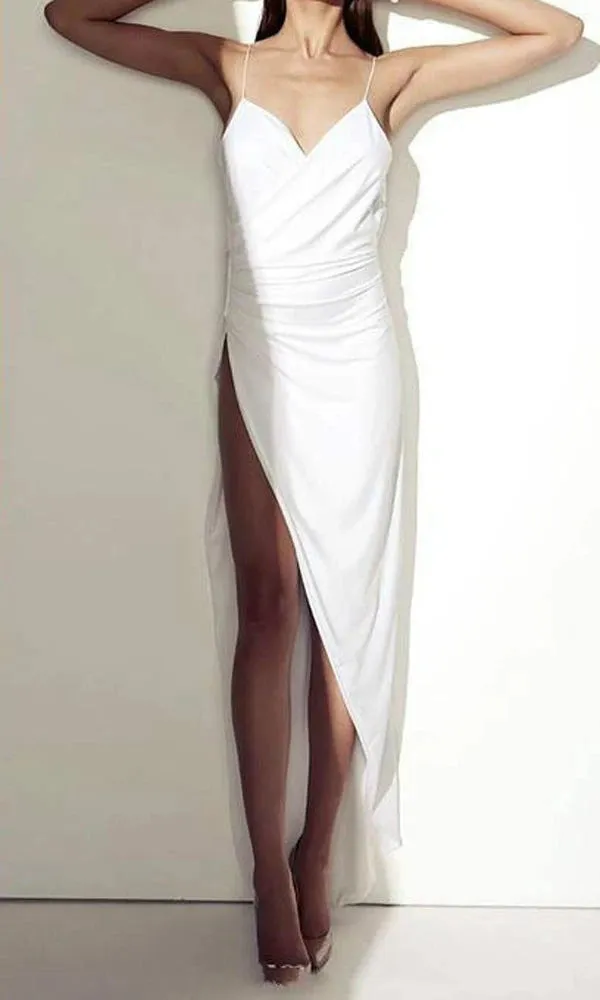 Sheath White Satin Beach Wedding Dresses With High Slit