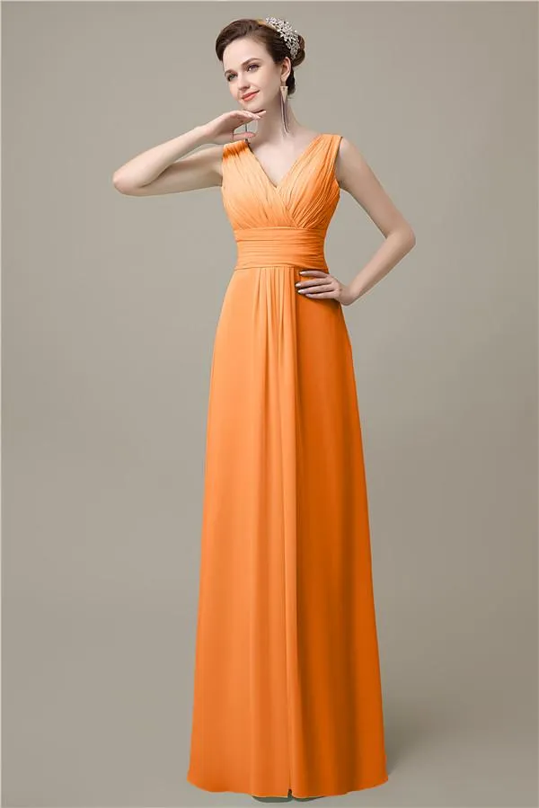 Simple A-line Chiffon V-Neck Floor-Length Long Bridesmaid Dresses