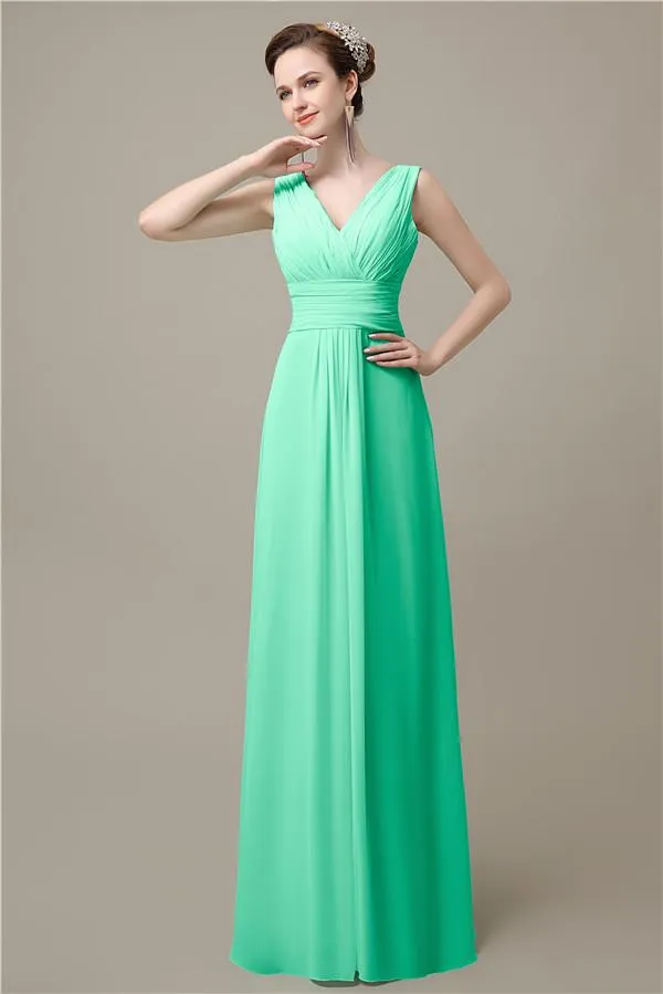 Simple A-line Chiffon V-Neck Floor-Length Long Bridesmaid Dresses