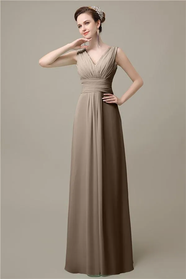 Simple A-line Chiffon V-Neck Floor-Length Long Bridesmaid Dresses