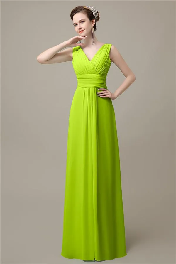 Simple A-line Chiffon V-Neck Floor-Length Long Bridesmaid Dresses