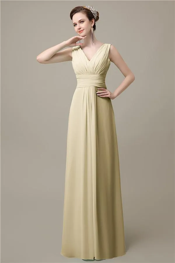 Simple A-line Chiffon V-Neck Floor-Length Long Bridesmaid Dresses