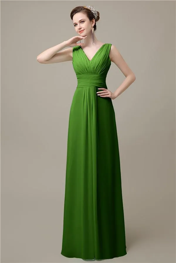 Simple A-line Chiffon V-Neck Floor-Length Long Bridesmaid Dresses