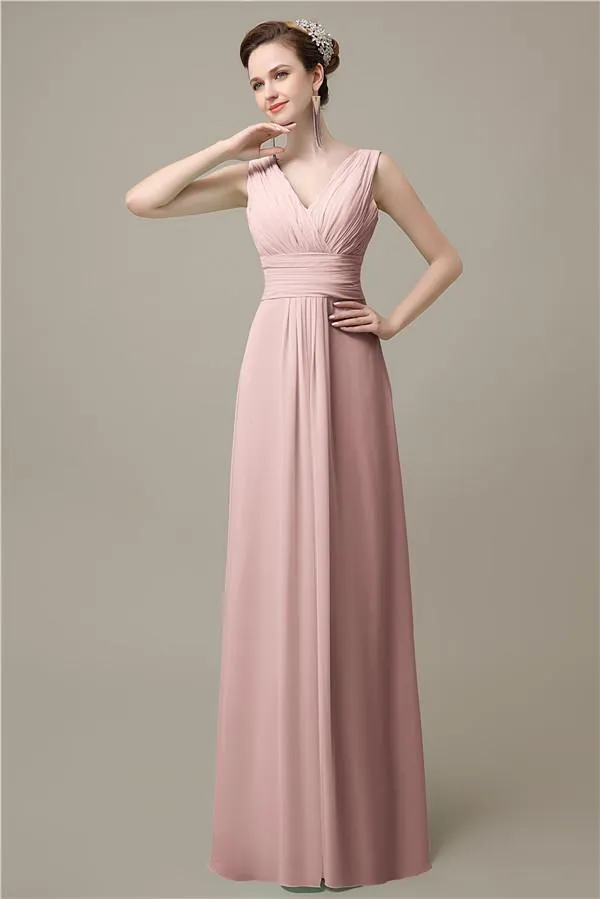 Simple A-line Chiffon V-Neck Floor-Length Long Bridesmaid Dresses