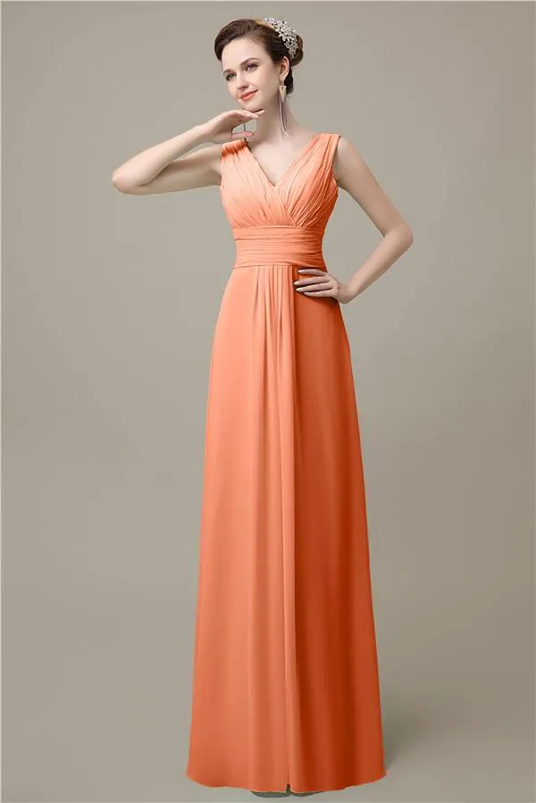 Simple A-line Chiffon V-Neck Floor-Length Long Bridesmaid Dresses