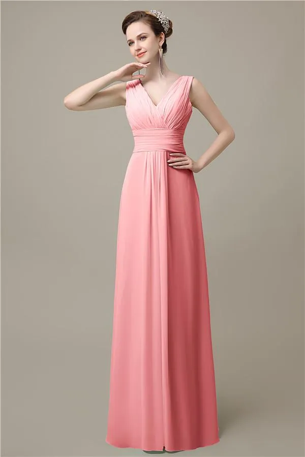 Simple A-line Chiffon V-Neck Floor-Length Long Bridesmaid Dresses