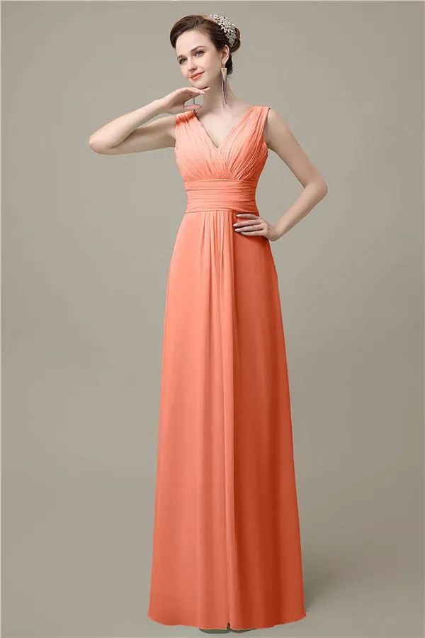 Simple A-line Chiffon V-Neck Floor-Length Long Bridesmaid Dresses