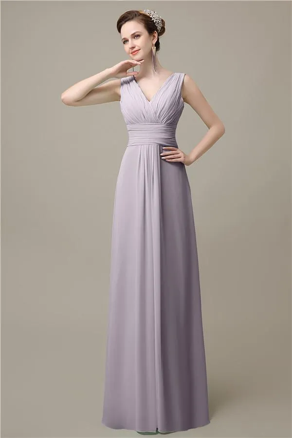 Simple A-line Chiffon V-Neck Floor-Length Long Bridesmaid Dresses