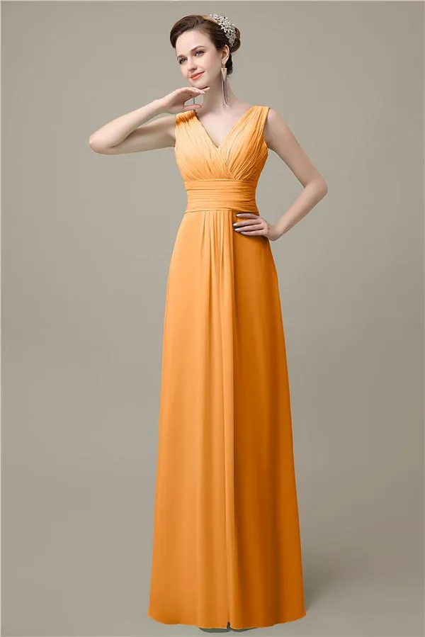 Simple A-line Chiffon V-Neck Floor-Length Long Bridesmaid Dresses
