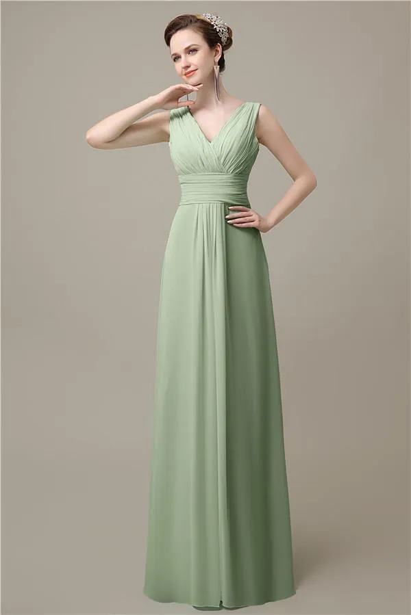 Simple A-line Chiffon V-Neck Floor-Length Long Bridesmaid Dresses