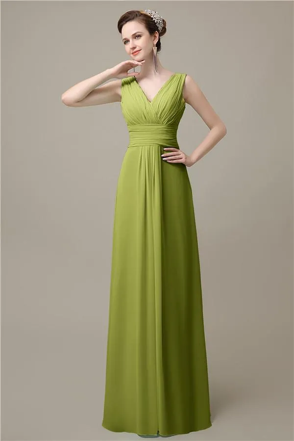Simple A-line Chiffon V-Neck Floor-Length Long Bridesmaid Dresses