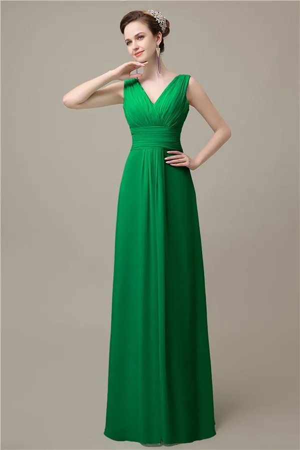 Simple A-line Chiffon V-Neck Floor-Length Long Bridesmaid Dresses