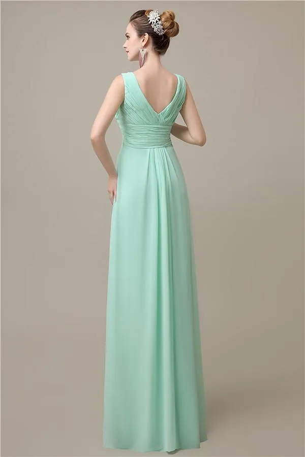 Simple A-line Chiffon V-Neck Floor-Length Long Bridesmaid Dresses