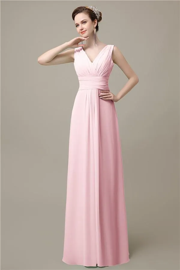 Simple A-line Chiffon V-Neck Floor-Length Long Bridesmaid Dresses