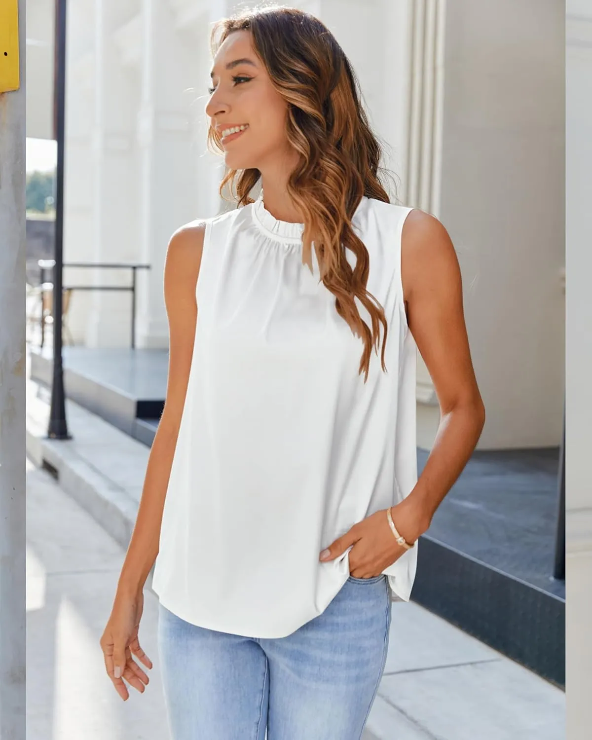 SimpleFun Womens Silk Satin Tank Tops Business Casual Ruffle Trim Mock Neck Sleeveless Summer Blouses Shirts