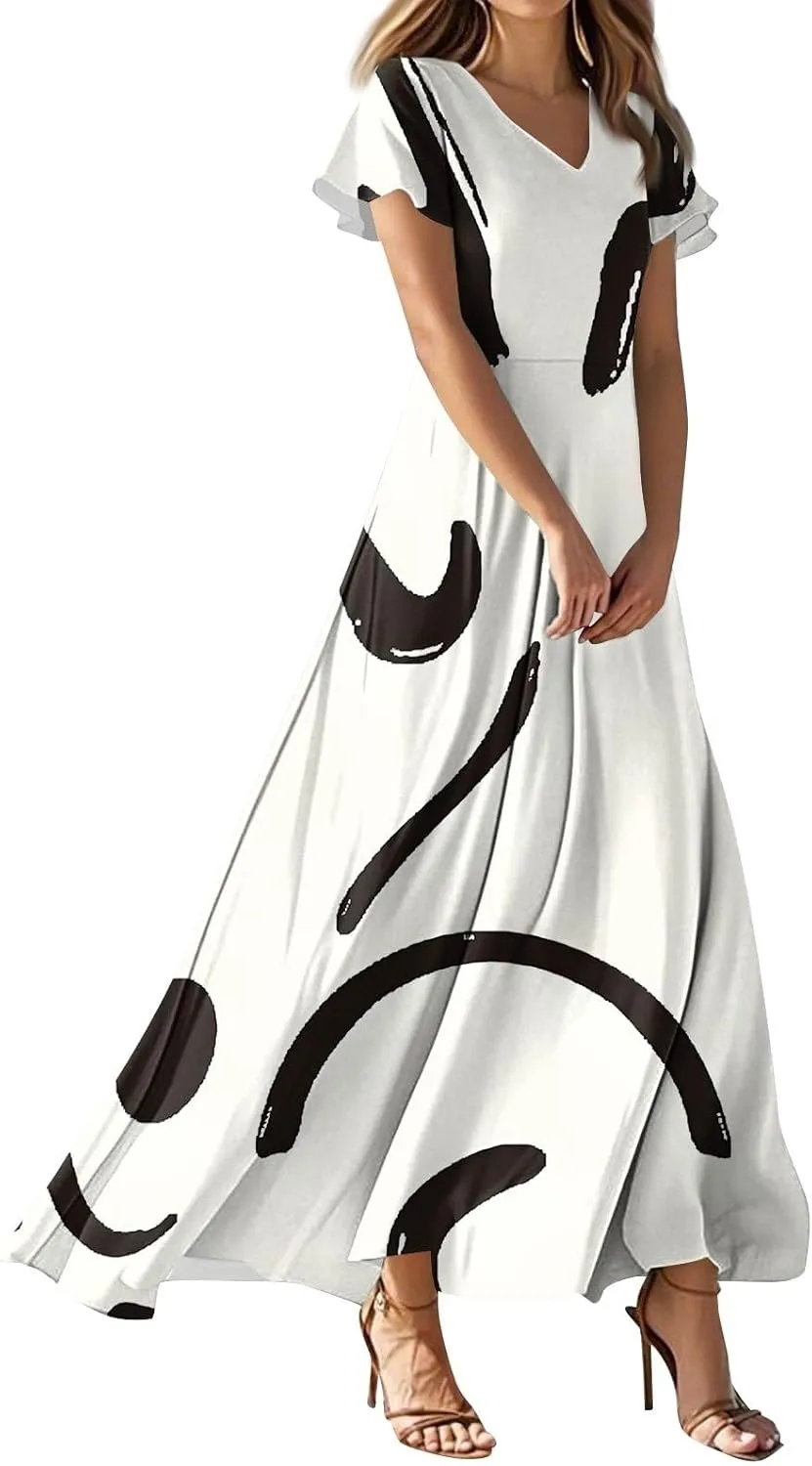 Summer Dresses for Women 2025 Elegant Classy Flowy Ruffle Swing V Neck A Line Dress Casual Boho Long Maxi Sundresses