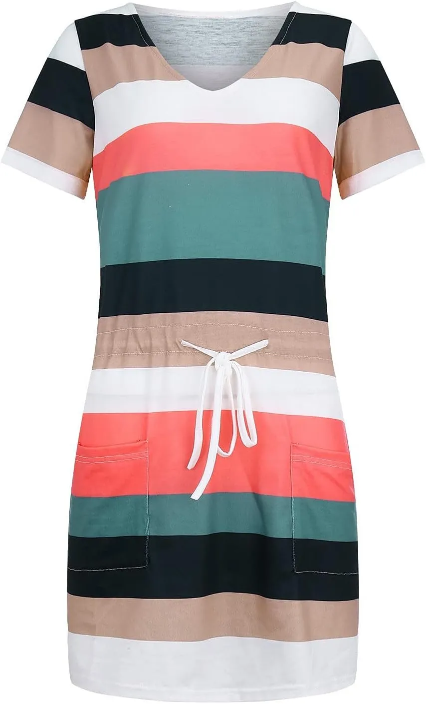 Summer Dresses for Women 2025 Striped A-Line Boho Sundress Short Sleeve V-Neck Beach Vacation Mini Dress with Pocket