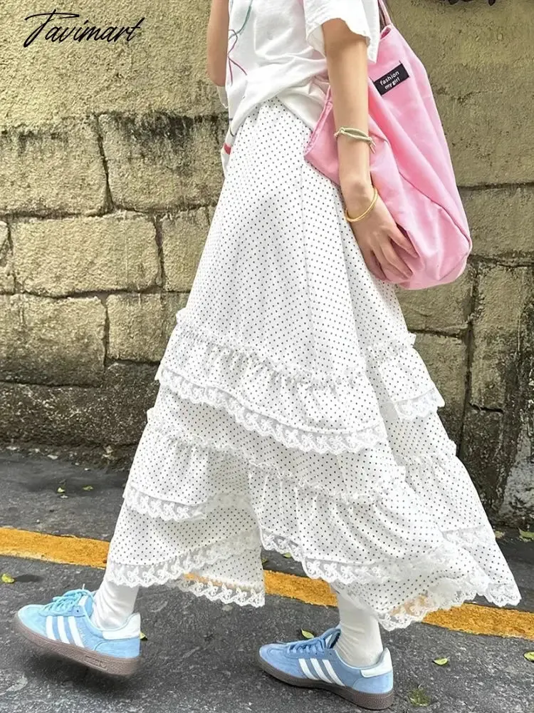 TAVIMART  -  Midi Long Skirt Womens Polka Dot Goth Lolita Summer Skirt Side Jag High Waisted Asymmetrical High Low Ruched Ruffle Skirts rok