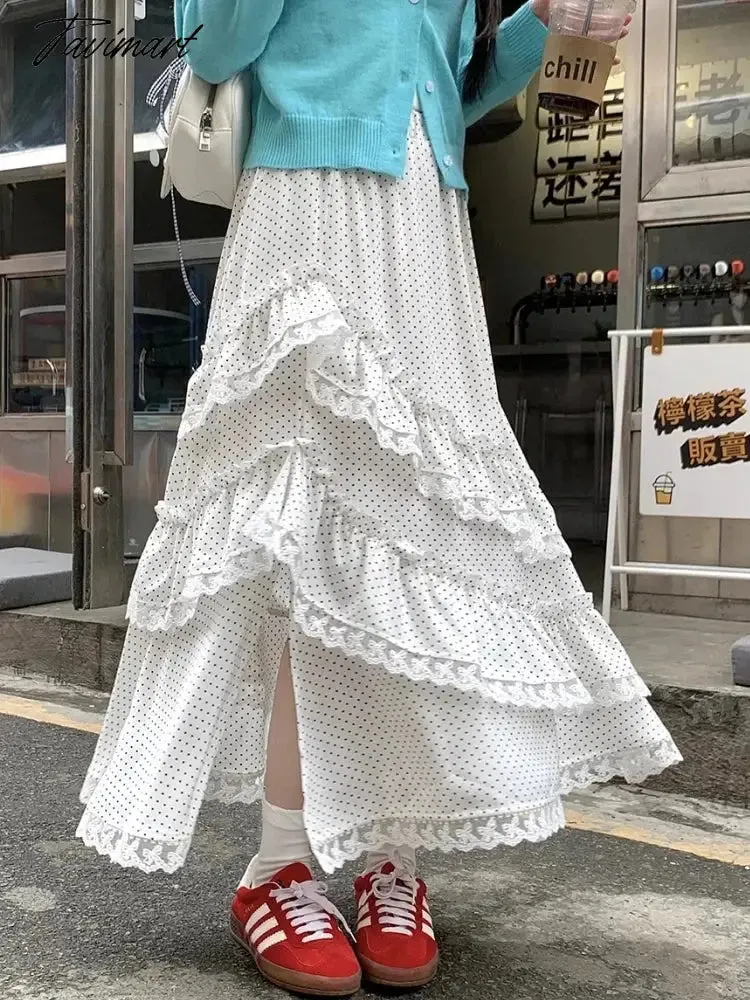 TAVIMART  -  Midi Long Skirt Womens Polka Dot Goth Lolita Summer Skirt Side Jag High Waisted Asymmetrical High Low Ruched Ruffle Skirts rok