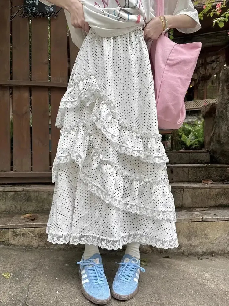 TAVIMART  -  Midi Long Skirt Womens Polka Dot Goth Lolita Summer Skirt Side Jag High Waisted Asymmetrical High Low Ruched Ruffle Skirts rok