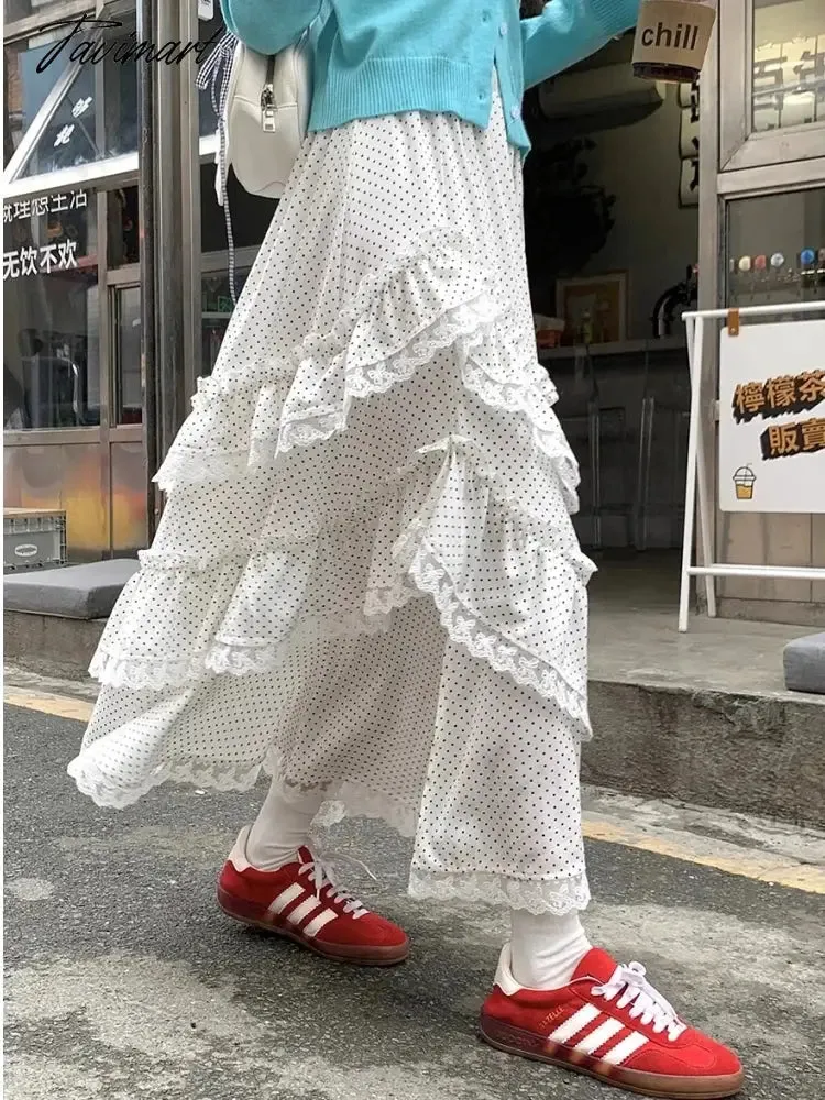 TAVIMART  -  Midi Long Skirt Womens Polka Dot Goth Lolita Summer Skirt Side Jag High Waisted Asymmetrical High Low Ruched Ruffle Skirts rok