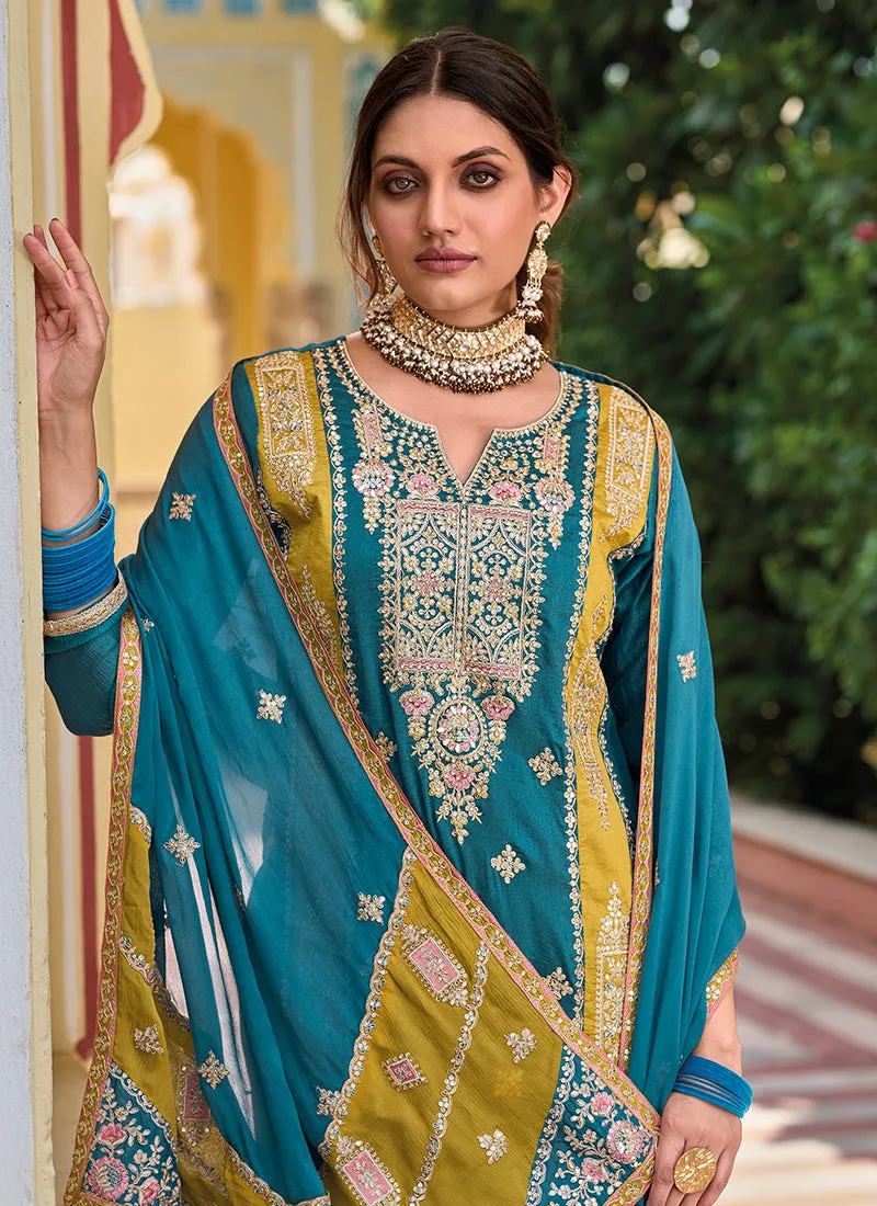 Turquoise Multi Embroidery Traditional Salwar Kameez Suit