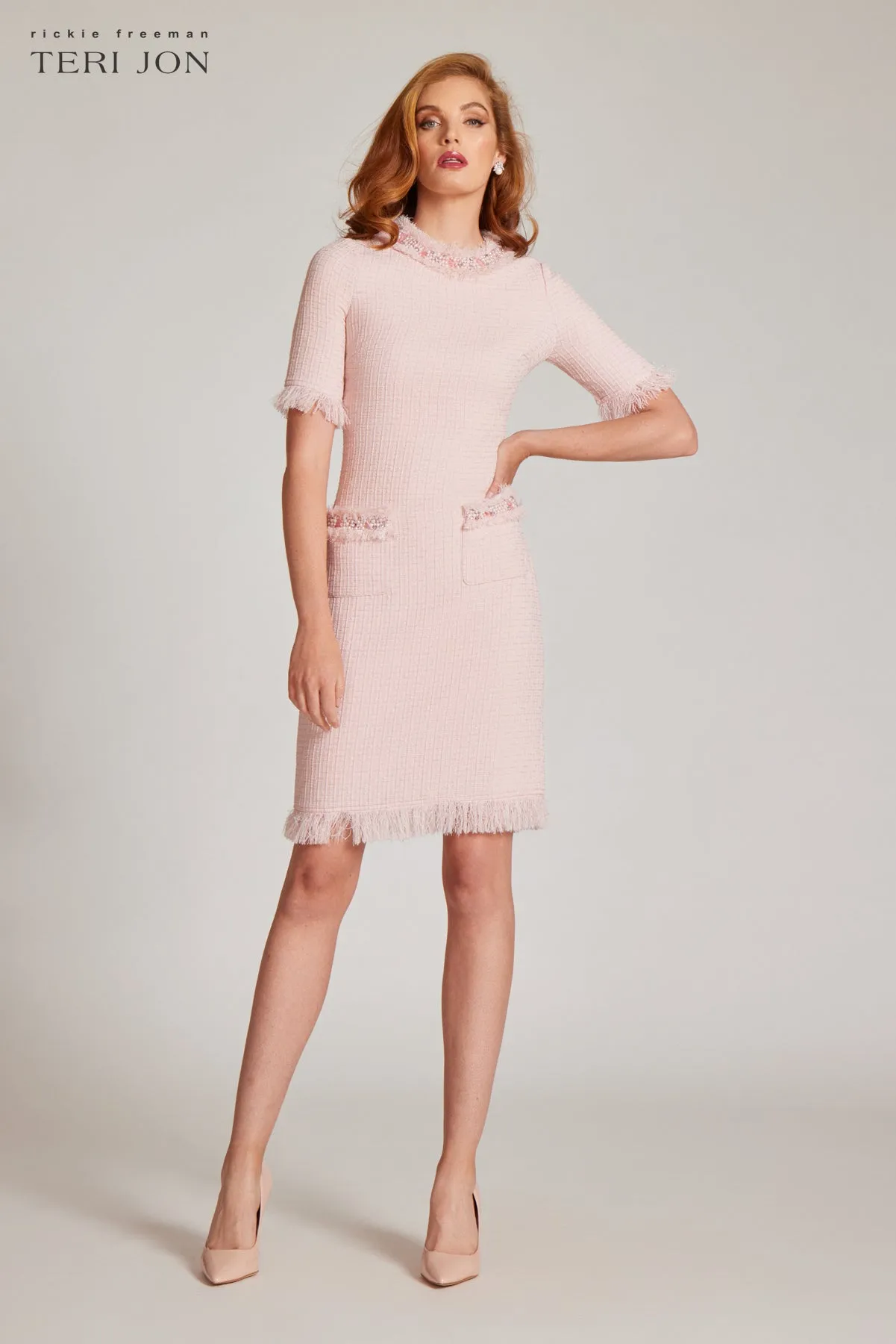 Tweed Fringe Bead Trim Pocket Dress