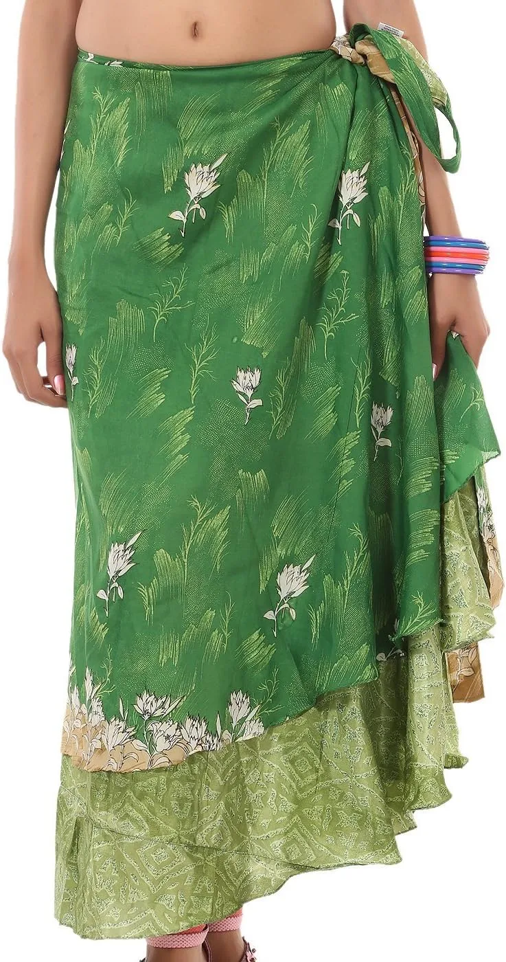 Two Layer Magic Wrap Around Skirt Women Cute Girls Reversible Dress Silk Sari Maxi Long Casual Beachwear Skirt