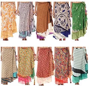 Two Layer Magic Wrap Around Skirt Women Cute Girls Reversible Dress Silk Sari Maxi Long Casual Beachwear Skirt