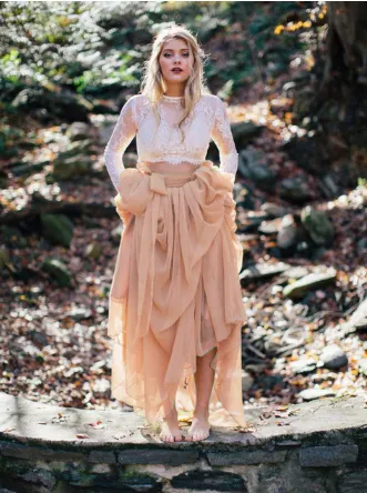 Two Pieces Long Sleeve Rustic Country Wedding Dresses See Through Yellow Bridal Gowns SEW052