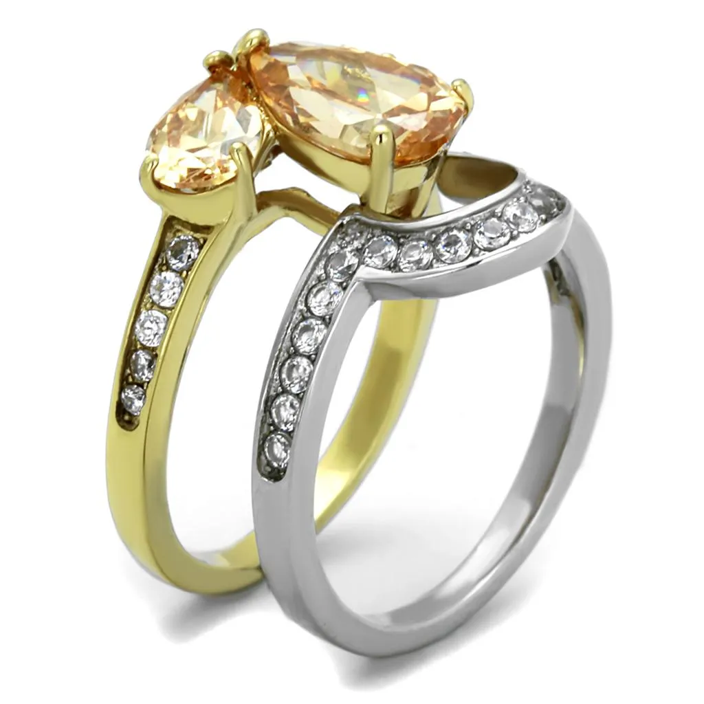 Two-Tone IP Gold (Ion Plating) Stainless Steel Ring with AAA Grade CZ in Champagne for Women Style TK2132