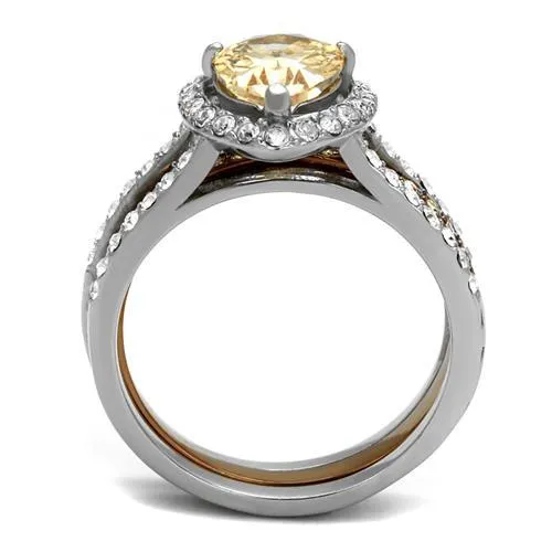 Two Tone IP Light Brown (IP Light coffee) Stainless Steel Ring with AAA Grade CZ in Champagne for Women Style TK2961