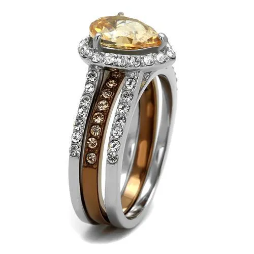 Two Tone IP Light Brown (IP Light coffee) Stainless Steel Ring with AAA Grade CZ in Champagne for Women Style TK2961