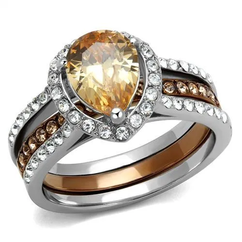Two Tone IP Light Brown (IP Light coffee) Stainless Steel Ring with AAA Grade CZ in Champagne for Women Style TK2961