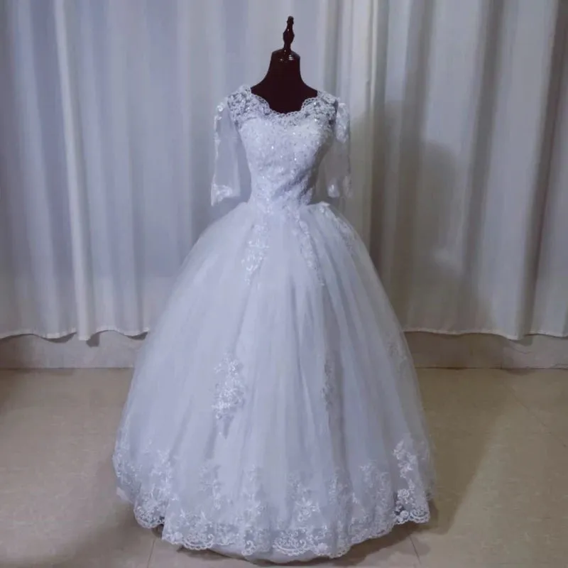 V Neck Full Sleeve Plus Size Vestido De Noiva Wedding Dress Long Train