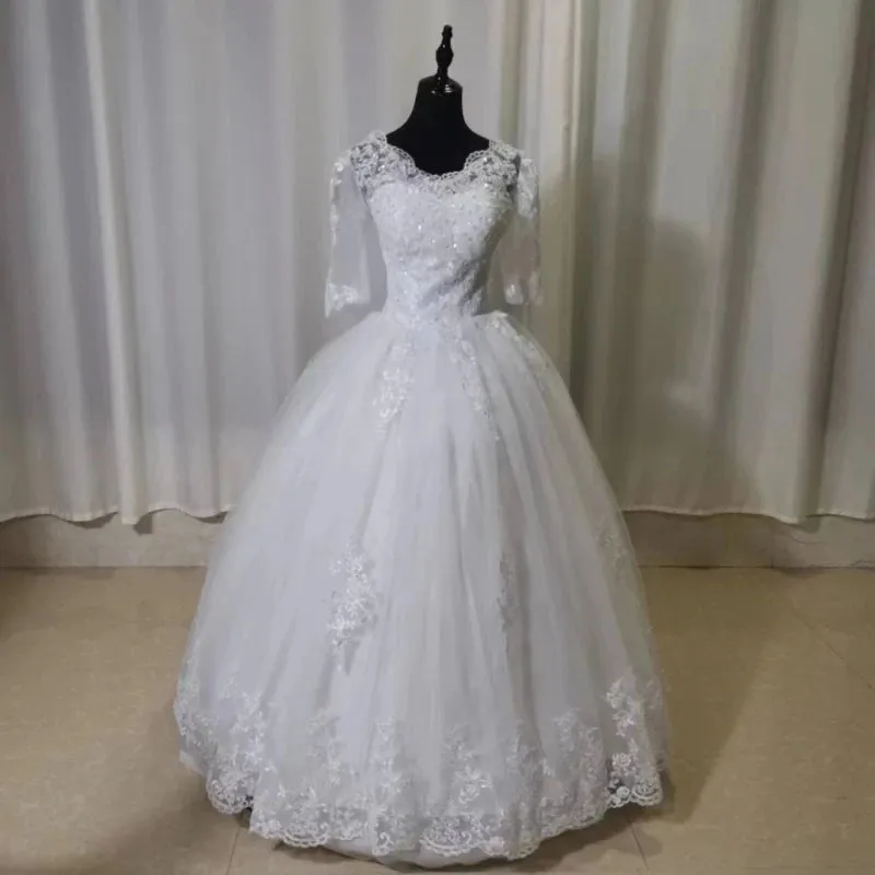 V Neck Full Sleeve Plus Size Vestido De Noiva Wedding Dress Long Train