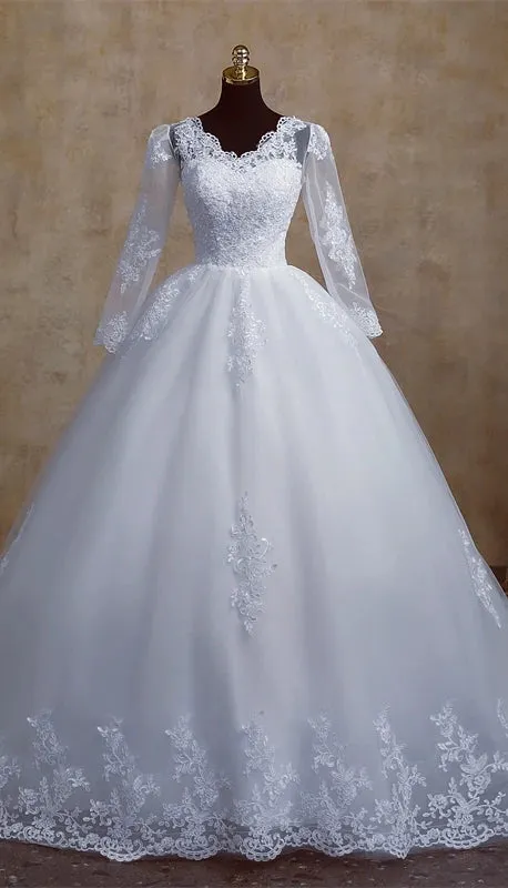 V Neck Full Sleeve Plus Size Vestido De Noiva Wedding Dress Long Train