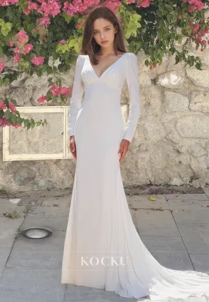 V-Neck Long Sleeves Sheath Bridal Gowns Pleated Satin Wedding Dress with Sweep Train