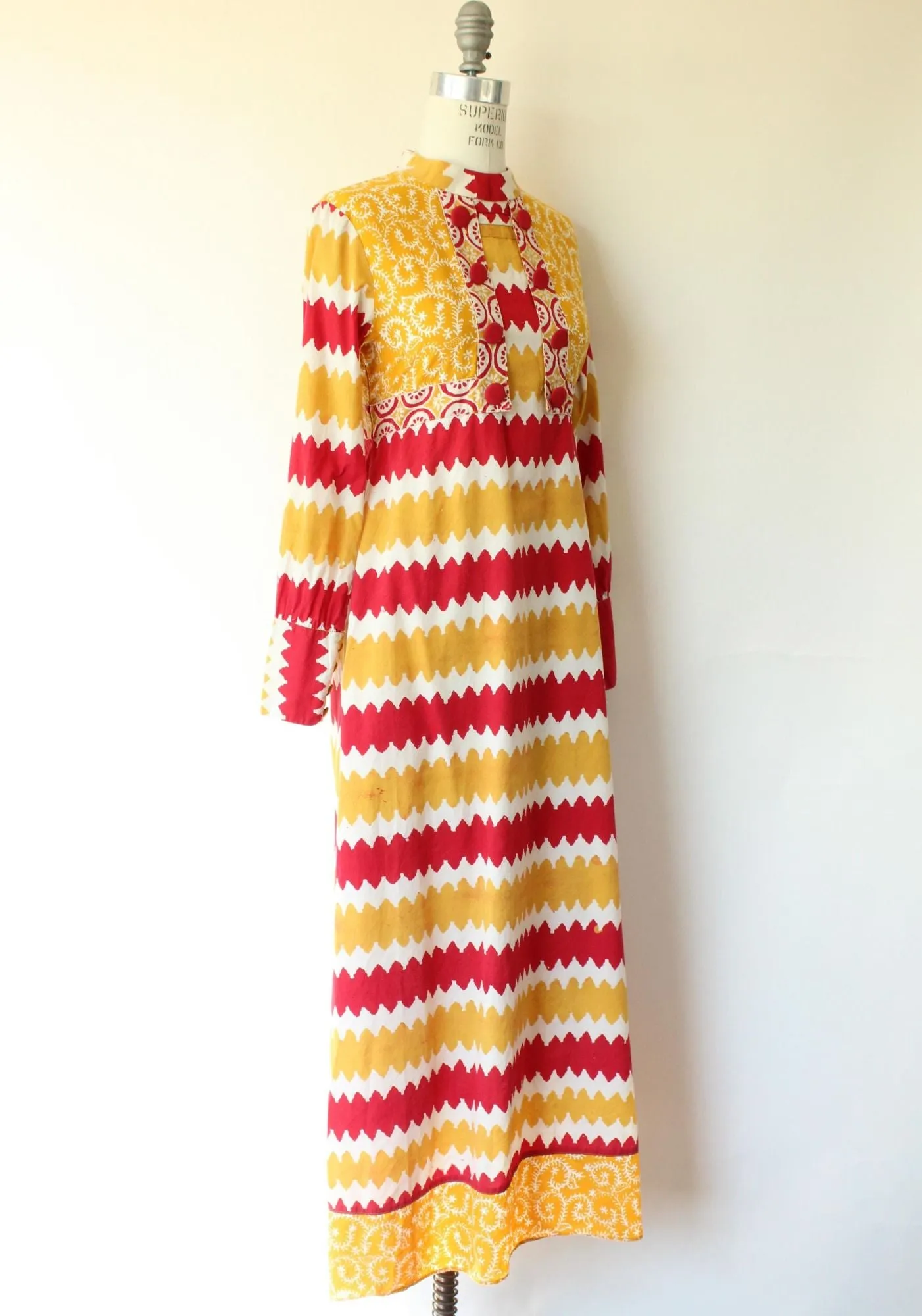 Vintage 1970s Red and Yellow Cotton Boho Maxi Dress