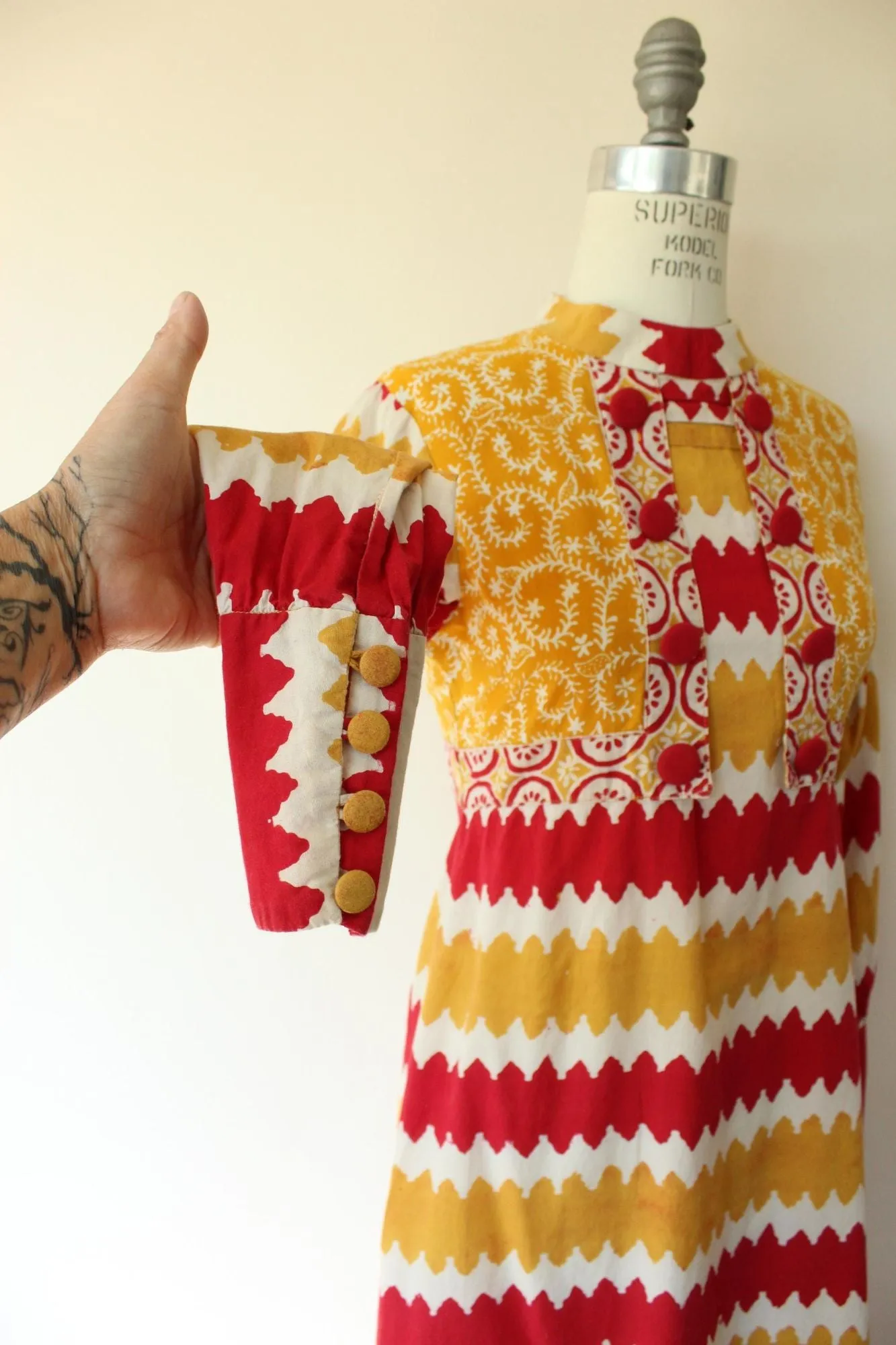 Vintage 1970s Red and Yellow Cotton Boho Maxi Dress
