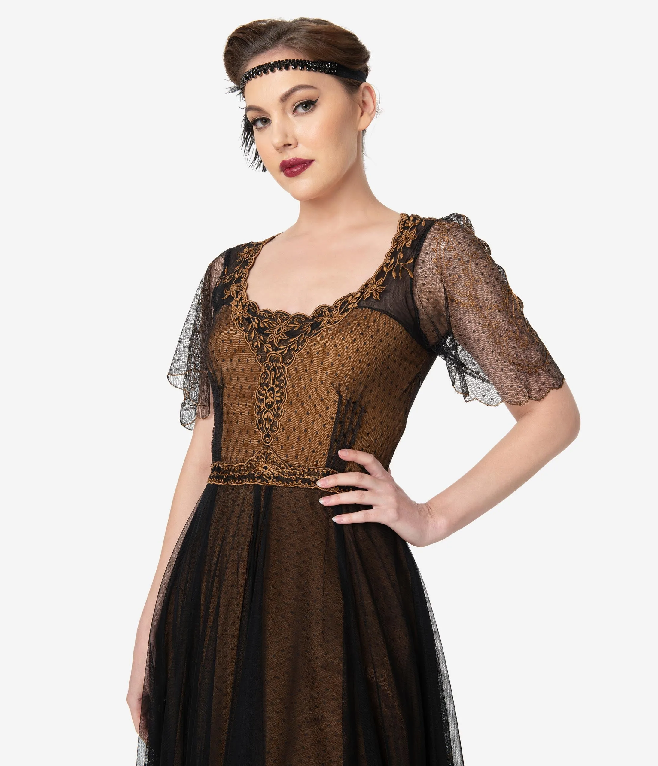 Vintage Style Black & Gold Embroidered Mesh Edwardian Gown