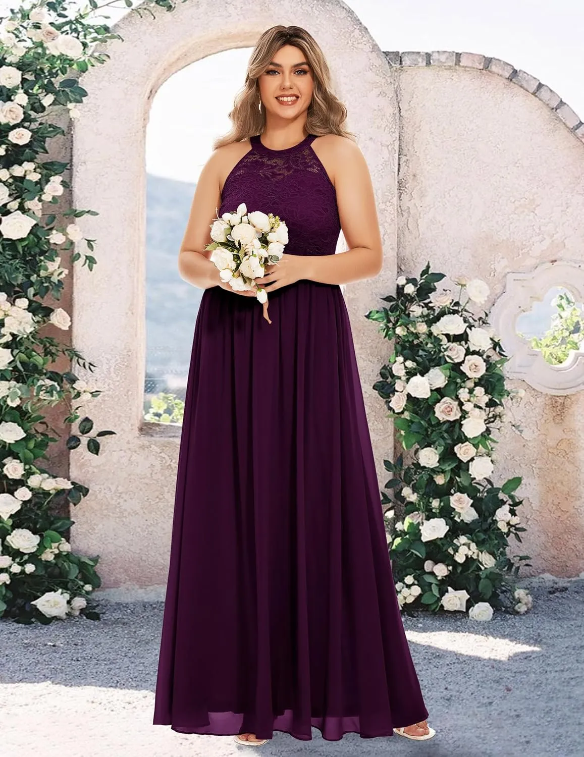 Wedtrend Women's Formal Dress, Halter Long Prom Dress Floral Lace Bridesmaid Dresses