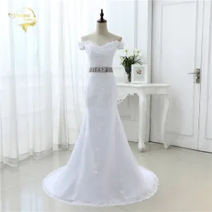 White Ivory Luxury Bridal Gown Longo Vestido De Noiva Robe De Mariage Lace Belt Mermaid Cap Sleeve Wedding Dresses 2019 JOL 8905