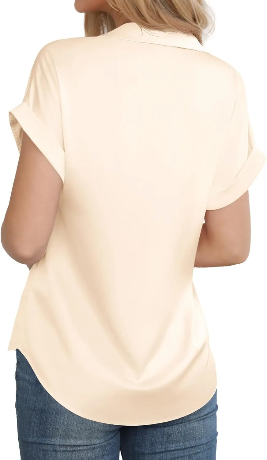 Women's Business Casual Tops Summer Elegant Satin Silk Short Sleeve Shirts V Neck Chiffon Work Business Blouses