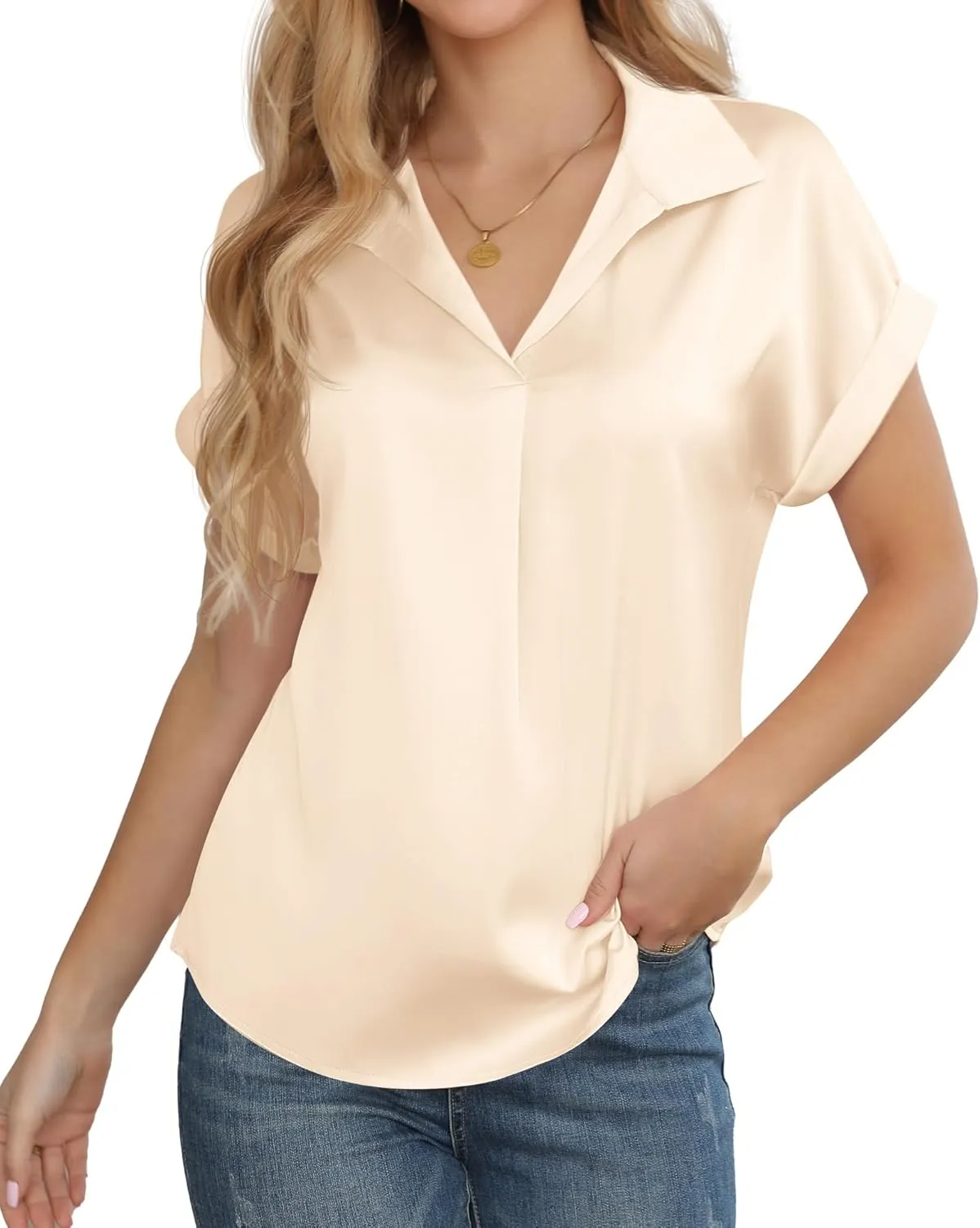 Women's Business Casual Tops Summer Elegant Satin Silk Short Sleeve Shirts V Neck Chiffon Work Business Blouses