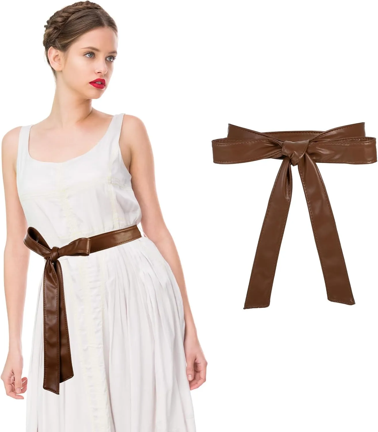 Womens Leather Belt, Obi Belt Fashion Wrap Pu Thin Belt 68X1.5In Dress Belt Tie for Women Waistband Knotted Belt